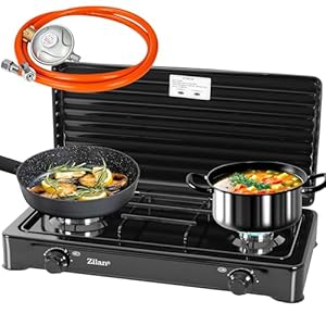 2 Flammiger Gaskocher Schwarz Campingkocher Gas Kochfeld Gasherd Hockerkocher abnehmbarer Deckel Camping Gaskocher 2-Flammig Gas Kochplatte 30mbar – 50mbar geeignet (Mit Gasschlauch & Druckminderer)