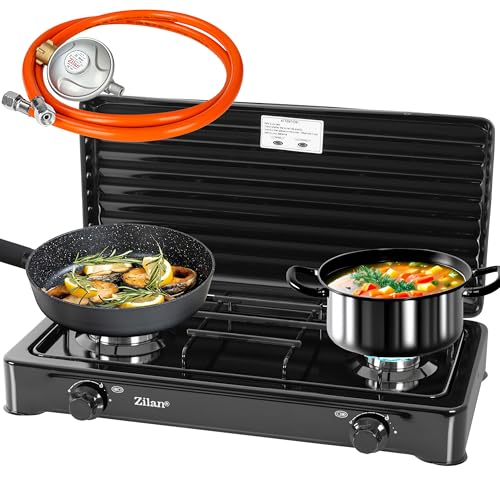 2 Flammiger Gaskocher Schwarz Campingkocher Gas Kochfeld Gasherd Hockerkocher abnehmbarer Deckel Camping Gaskocher 2-Flammig Gas Kochplatte 30mbar - 50mbar geeignet (Mit Gasschlauch & Druckminderer)