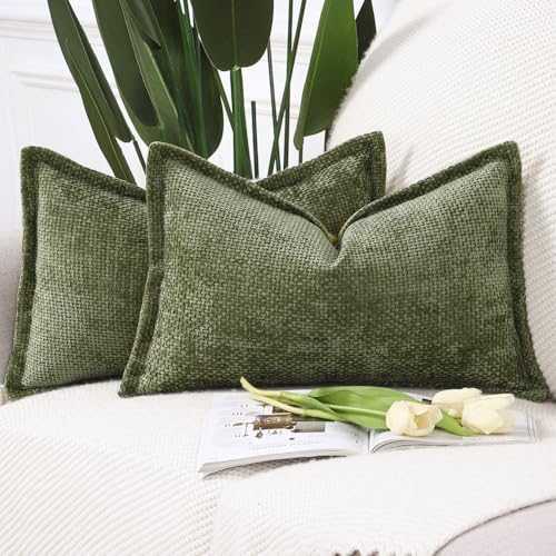 Image of MADIZZ Decorative Chenille Velvet Throw Pillow Covers Set of 2 Soft Boho Textured Neutral Couch Throw Pillow for Bed Modern Farmhouse Home Decor for Sofa Livingroom Moss Green 12x20 Inch