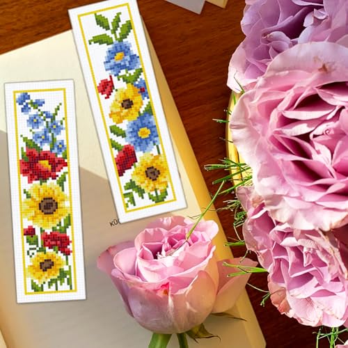 Image of BEUNITONE 6 Pcs Flowers Cross Stitch Bookmark Kit for Adults Beginners Vivid Floral DIY Stamped Embroidery Bookmark Punch Needle Kit with Instructions for Book Lovers Reader Writer Gift 8''x2.4''