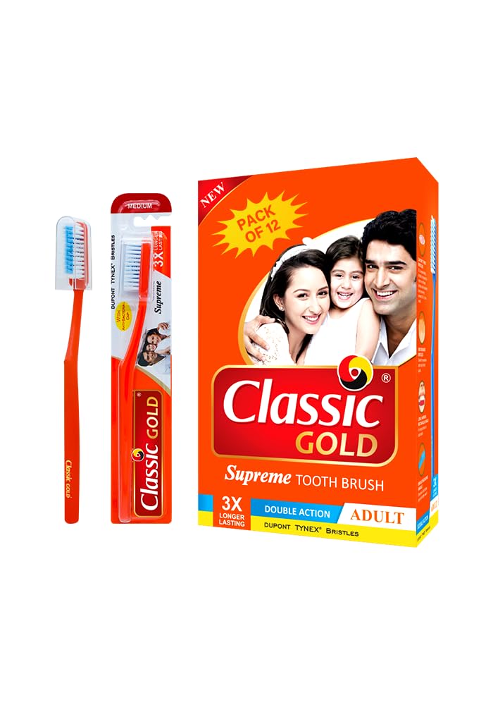 Classic Gold Supreme Medium Manual Toothbrush For Adults Pack Of 12 With Anti Bacterial Cap And Also Dupont Tynex Bristles (B08521FVLH) Amazon Price History, Amazon Price Tracker