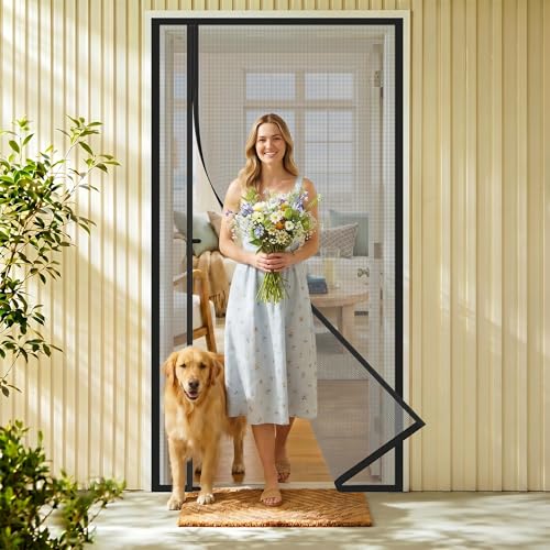 HOMWMPA Side Opening Magnetic Screen Door, Fit Door Size 32" x 80",Screen Size 34" x 81", Reversible Left/Right Screen Door Mesh with Strong Magnet, Keep Bugs Out Let Breeze in,Pet&Kid Friendly, Grey