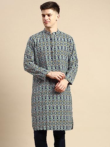 Image of Men's Black Art Silk Regular Fit Ethnic Motifs Kurta | Indian Kurta | Festive Ethnic Kurta with Embroidered Packet
