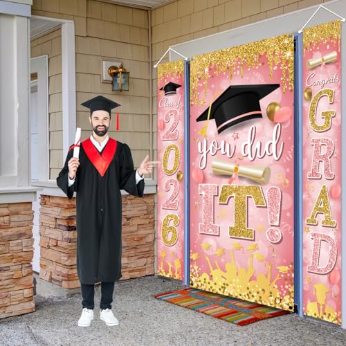 Image of 2026 Graduation Banner Pink Class of Congrats Grad Porch Sign and You Did It Graduation Door Cover for High School College Party Supplies Indoor Outdoor(Pink)