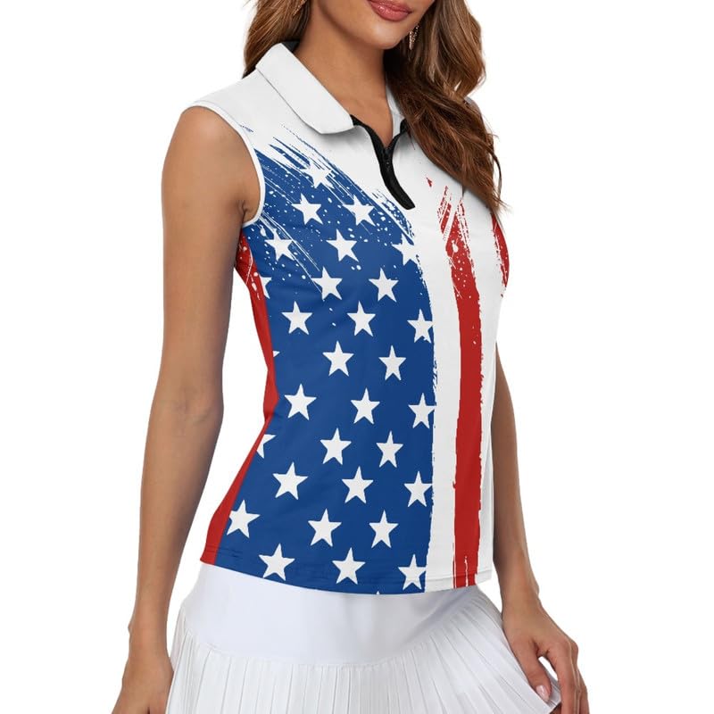 Irisjudy USA Flag Golf Shirts for Women Stars Stripes American Flag Sleeveless Tennis Polo Shirts Outfit, 4TH of July Independence Day Summer Workout Tank Tops Quick Dry