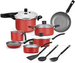 CONJUNTO ENJOY 10 PCS COM PANELA DE PRESSÃO FECHAMENTO EXTERNO E ACESSORIOS AA VERMELHO