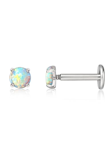 Limerencia 18g Titanium Internally Threaded Tragus Piercing Jewelry CZ Top Flat Back Piercing Nose Studs Earring, Helix, Cartilage, Labret, Monroe for Women or Men - 3mm White Opal-silver