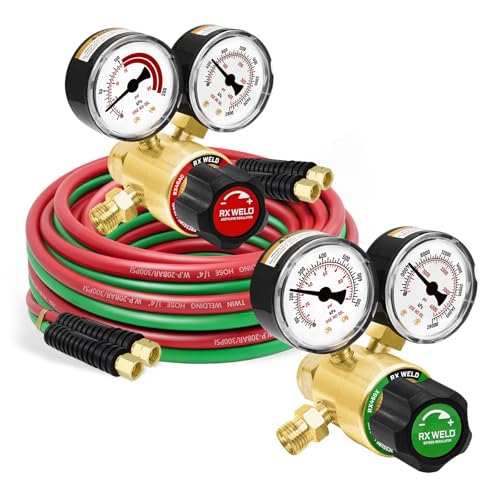 Image of RX WELD Oxygen and Acetylene Regulators, CGA540 and CGA200, Oxygen Acetylene Hose 1/4-Inch × 25 Feet with 9/16"-18 B fittings