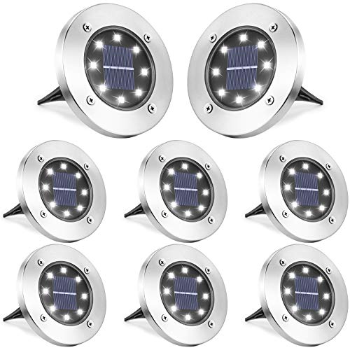 LYHOPE Solar Ground Lights Outdoor, 8 LED Solar Disk Lights Waterproof Garden In-ground Pathway Lights Landscape Lighting for Lawn,Yard,Deck,Patio,Walkway (White, 8 Pack)