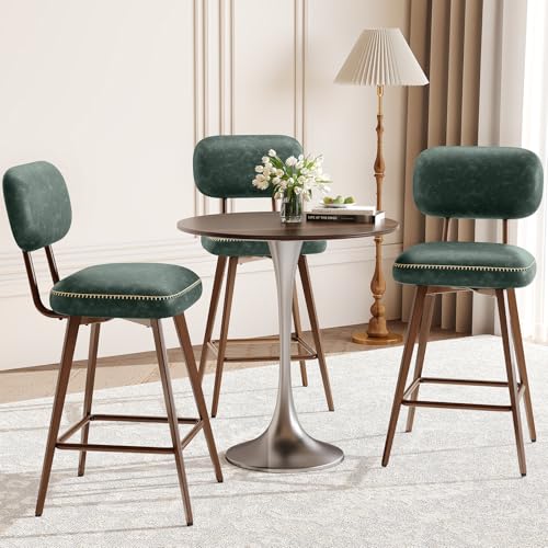 Image of MALOL 26 inch Swivel Bar Stools Set of 3, Mid Century PU Leather Counter Height Bar Chairs with Low Back and Metal Legs, Modern Bar Stool Chair for Kitchen Island, Green