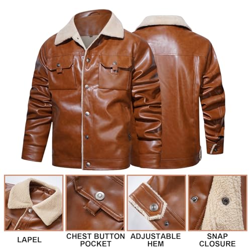 Men's Faux Leather Sherpa Lined Trucker Jacket Collar Winter Warm Coats Multi Pocket4