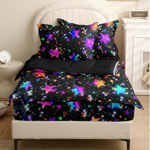 Image of Kids Comforter Set,Zipper Bedding Twin for Teen,Stars Printed Comforter Set with Fitted Sheets and Pillowcases for All Season(Stars Twin)