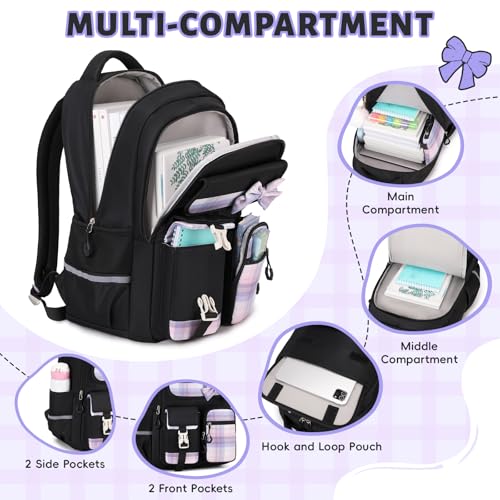 Tanou School Bag Girl Kids Backpack, Water-resistant Bookbag Teenager Daypack, Kawaii Checked Satchel for Girls 9-16 Years with Trolley Strap, Black - Image 2