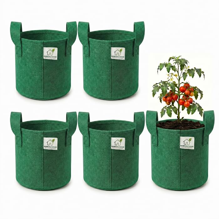 Image of 400 GSM Geo Fabric Round Grow Bags 8x8 Inch with Handle, Green Planting Bags for Terrace and Kitchen Gardening Pack of 5