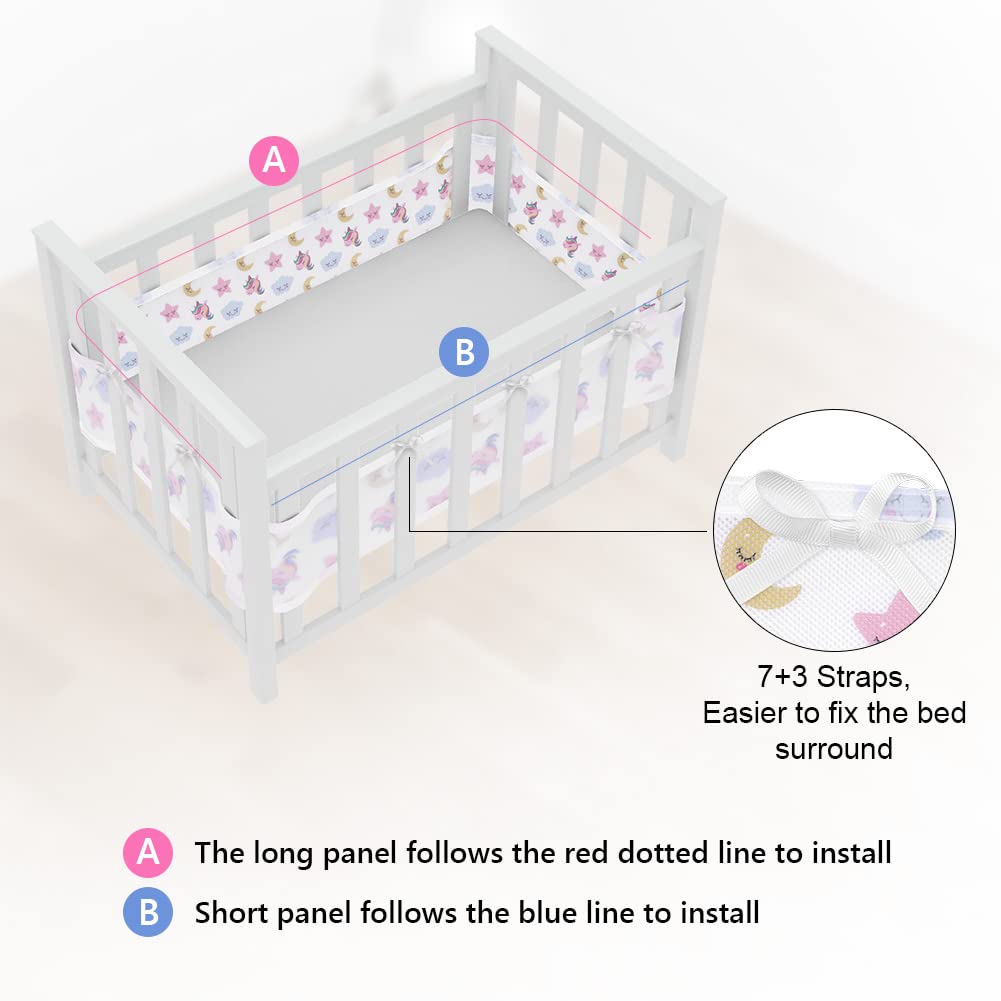 Aolso Paracolpi Lettino, 2 Pezzi Paraurti Cot Morbida e Traspirante, Paracolpi per Lettino con 10 Cinghia Fissa, Lavabile, 340cm x 30cm + 160cm x 30cm (Unicorno-Sfondo Bianco)