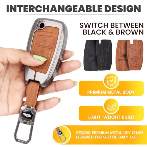 Image of Car Key Cover Compatible with Hyundai Verna 2024 2023 | i20 N line N6 Car 3-Button Smart Flip Key (Dual Leather Metal (Black & Brown))
