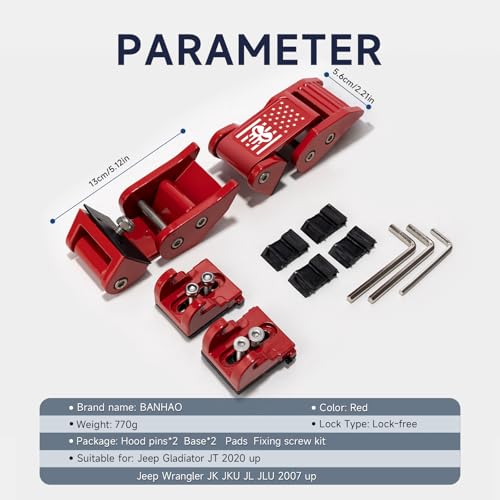 Image of Hood Latch Aluminium Alloy Hood Catch Kit Compatible with Jeep Wrangler JK /JKU 2007-2018, JL /JLU 2018-2025 & Jeep Gladiator 2020-2025