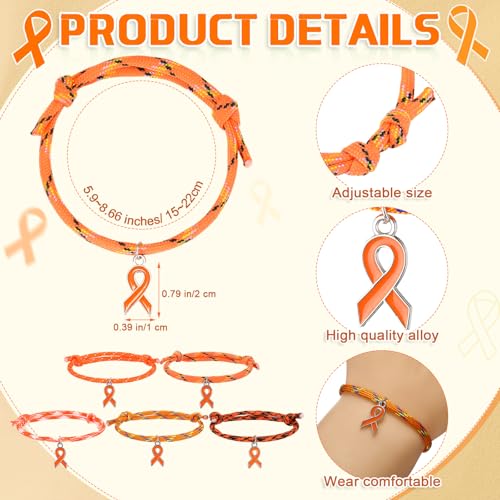 Tondiamo 30 Pcs Leukemia Awareness Rope Bracelet Adjustable Orange Ribbon multiple sclerosis Awareness Month Bracelets for Men Women Inspirational Charity Recognition Public Activity Supplies Gift2