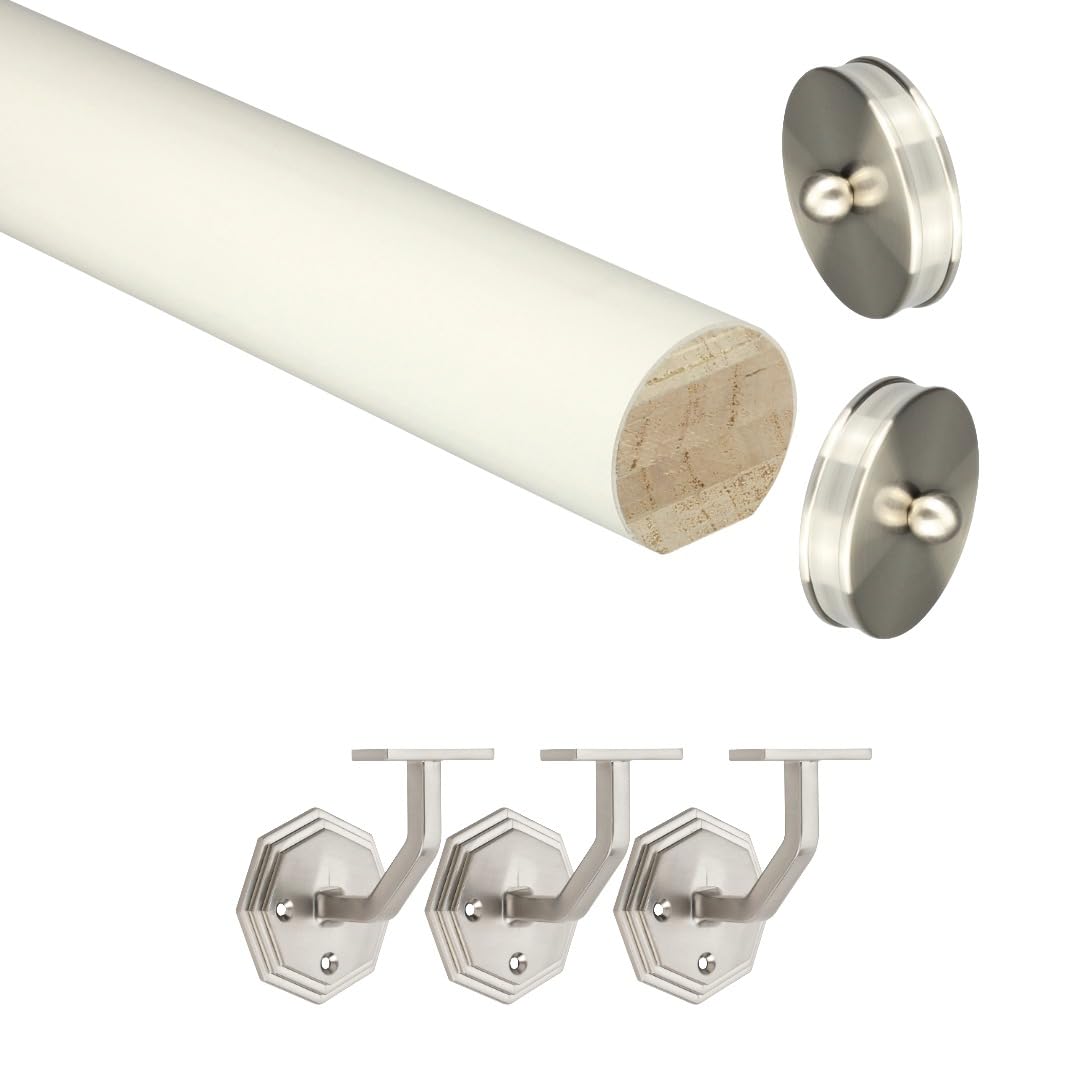 Jackson Woodturners White Primed Mopstick Handrail Kit with Nickel Octagonal Wall Brackets & Slim End Caps – Stair Handrail Kit (4200mm + 5 Wall Brackets)
