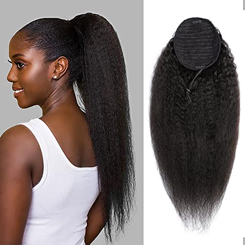Alisfeel Ponytail Human Hair For Balck Women Remy Brazilian Kinky Straight Drawstring Ponytail Extension 10A Grade Afro Yaki Clip In Pony Tail Hairpiece 100G Natural Color cover