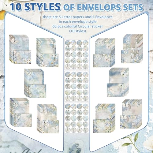 Image of TaoBary 160 Pcs Stationery Paper Set 50 Double Sided Stationery Papers with 50 Matching Envelopes and 60 Round Dot Sticker, 10 Design (Serenity Junk,8.25 x 5.5 Inch)