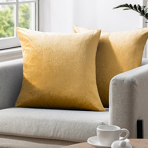 Image of Phantoscope Pack of 2 Velvet Decorative Throw Pillow Covers Soft Solid Square Cushion Case for Couch Shiny Gold 18 x 18 inches 45 x 45 cm