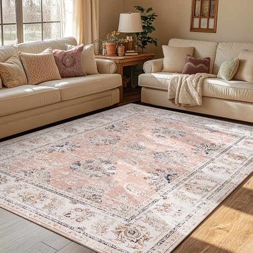 Image of jinchan Vintage Floral 5x7 Area Rugs for Bedroom - Machine Washable Distressed Design Stain Resistant Boho Carpet Ultra-Thin Low Pile Non-Slip for Living Room Dining Room Kitchen (5‘x7',Pink)