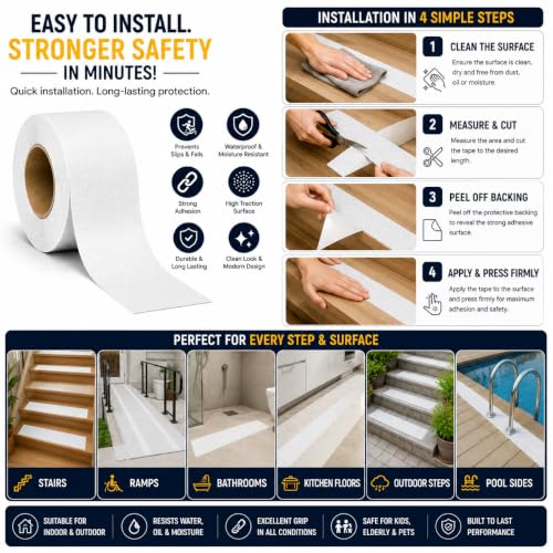 Image of YORWE Anti Slip Stair Tape with Glow in the Dark Strip - Heavy Duty Waterproof Non Slip Traction Tape for Stairs, Steps, Outdoor & Indoor Safety (White, 10 Meter)