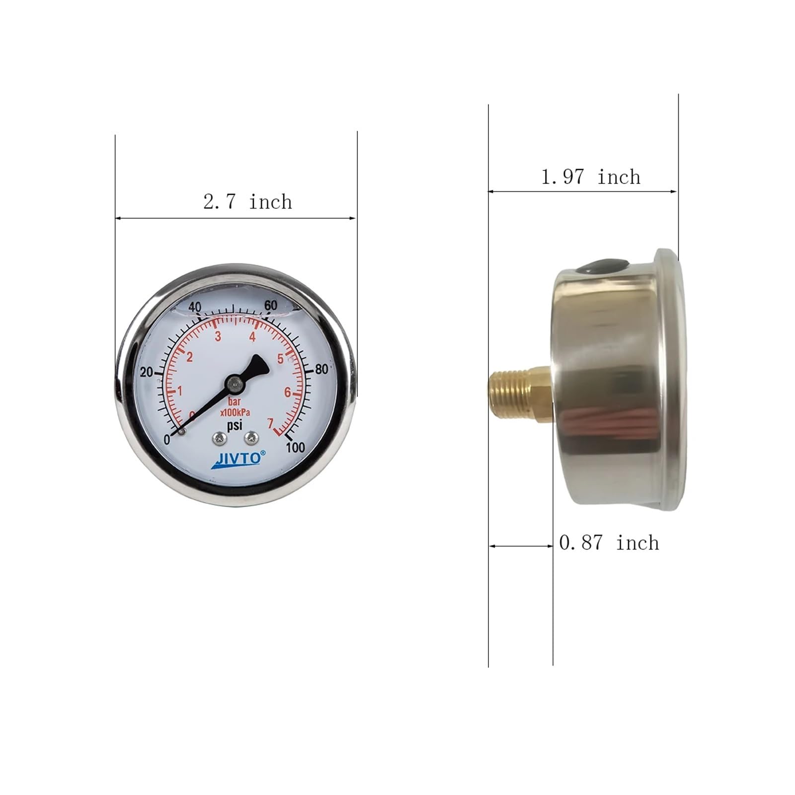 Manometro Pressione Gomme Manometro riempito di glicerina 2,5 pollici di diametro 1/4 NPT montaggio posteriore 30,60,100 psi e bar(0-30 psi 0-2 bar)