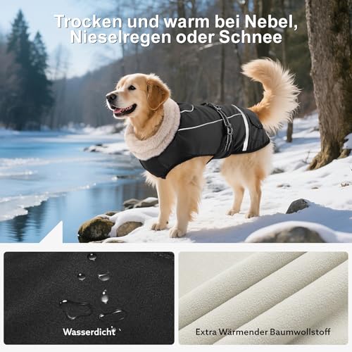 Woiil Hundemantel Winter, Hundemantel Wasserdicht für Grosse Hunde mit Verstellbaren Schultergurten, Hundejacke aus Fleece, Reflektierende Streifen, Geeignet für Deutsche Schäferhunde (XXL,Schwarz)