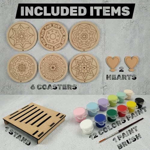 Image of BAGJI TOYS DIY Coaster Painting Kit for Kids & Adults - 6 Pre-Marked Wooden Tea Coasters with Stand, 12 Acrylic Colours & Brush - Mandala Art & Craft DIY Set - Beginner Friendly Painting Craft Kit, Birthday & Gift Activity (MandalaA3)
