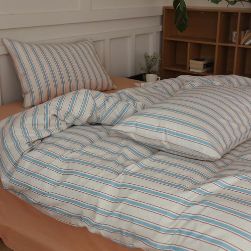 Image of Striped Comforter Set King Size, 3 Pieces Lightweight Striped Bedding Comforter Set, Fluffy Soft Blue Brown Stripes Pattern Printed Bedding Set, Breathable King Size Comforter with 2 Pillowcases