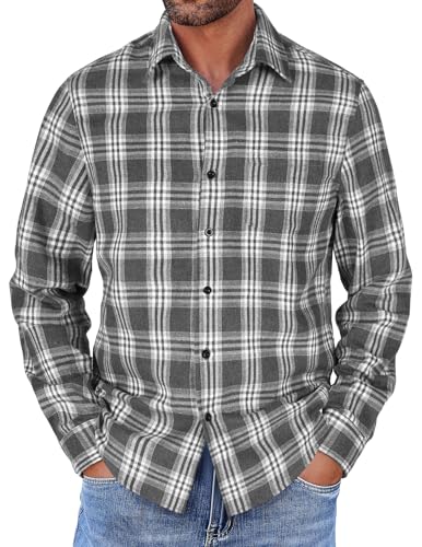 COOFANDY Herren Kariertes Hemd Langarm Freizeit Trachtenhemd Casual Basic Regular Fit Shirt mit Taschen für Männer Dunkelgrau-Weiß XL