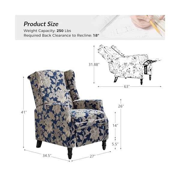 Upholstered wingback recliner chair traditional push back recliner sofa mid century modern lounge armchair for living room home theater accent chairs recliners couches garden  urban country home decor