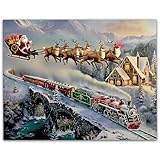 Christmasland Express 11x14 Poster -Santa on Sleigh & Reindeer Flying Over a Steam Train- Winter Mountain Landscape Vintage Art for Living Room Christmas Holiday Decor - Gifts Delivery - Christmas Eve