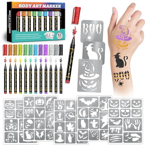 Temporary Tattoo Markers, 12 Metallic Markers and 135 Halloween Tattoo Stencil Designs, Cosmetic Tattoos Pens for Halloween Party Faovr