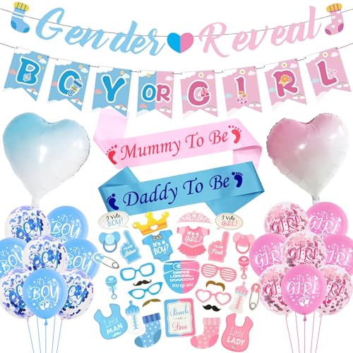 Baby Shower Gender Reveal Decorations - Pink Blue Boy or Girl Banners Decor Photo Booth Props Sash and Balloons for Boys Girls Baby Gender Reveal Party Supplies