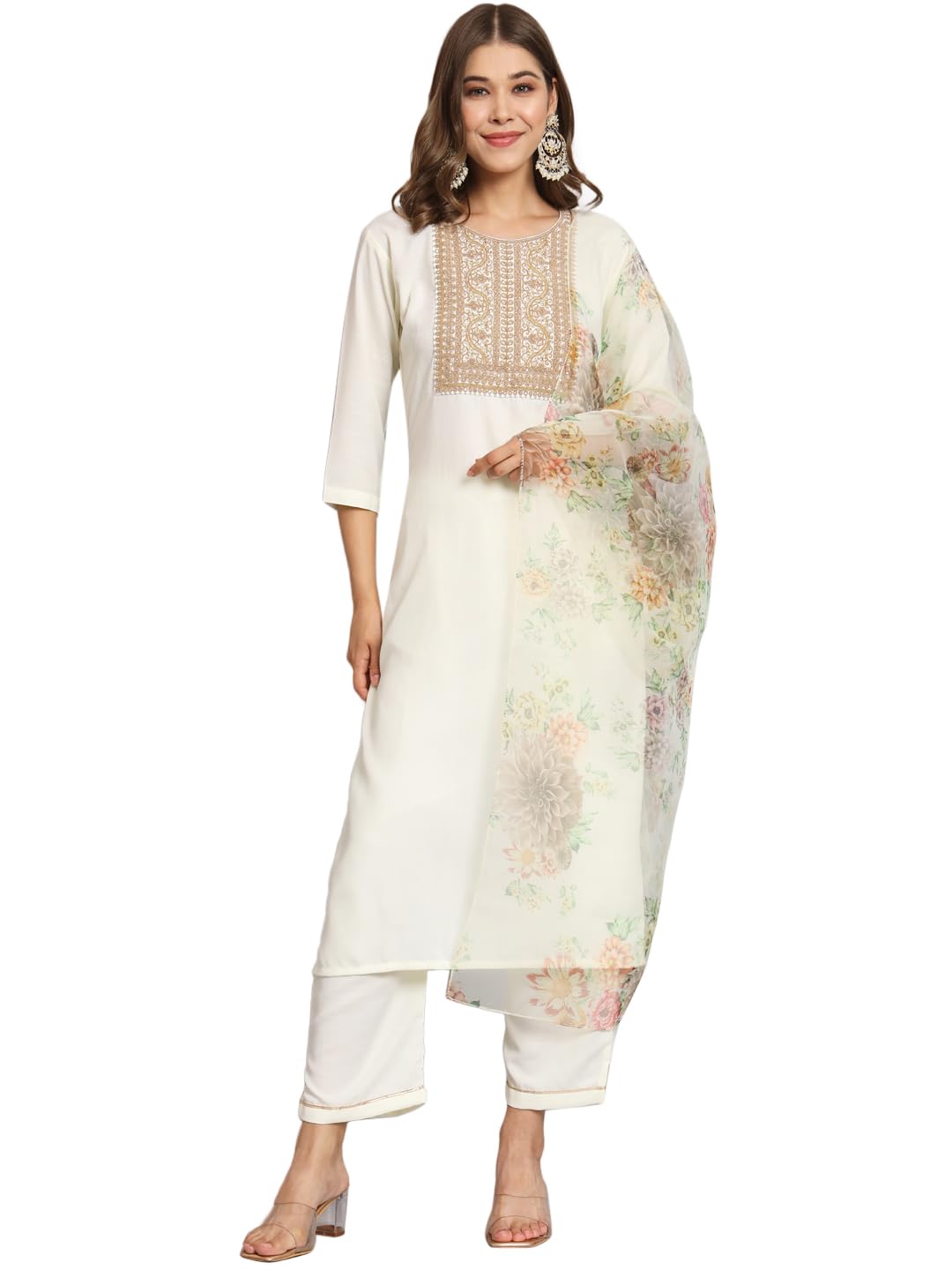 VredeVogel Womens Cotton Blend Embroidered Kurta with Pant & Organza Dupatta Set (White_Small) (B0CJ5G69RL) Amazon Price History, Amazon Price Tracker