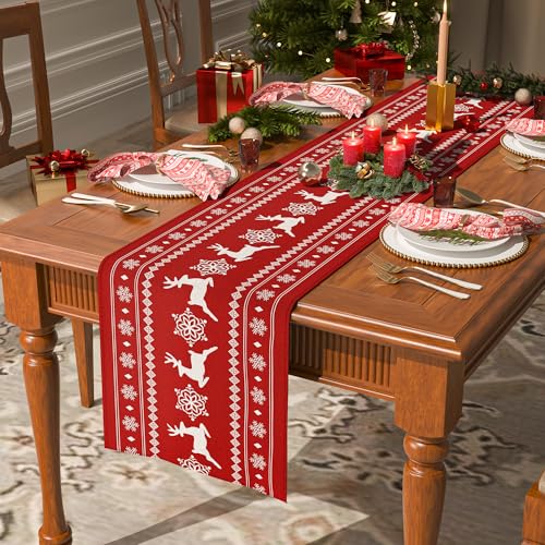 IVAPUPU Red Christmas Table Runner 72 Inches Long - Reindeer & Snowflake Design Table Decor, Winter Xmas Holiday Party Decoration for Indoor Kitchen Home