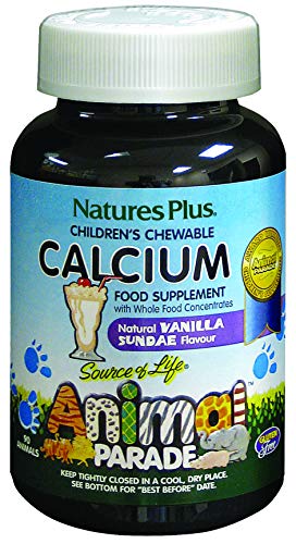 NaturesPlus Animal Parade Source of Life Sugar-Free Children's Calcium - Vanilla Sundae Flavor - 90 Chewable Animal Shaped Tablets - Magnesium for Bone Health, Whole Foods - Gluten-Free - 45 Servings