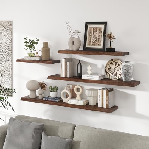 Image of RICHFOCUS Live Edge Elm Floating Shelves - 48 inch W x 9.3 inch D Rustic Solid Wood Wall Shelves with Invisible Bracket, Wall-Mounted for Living Room, Bedroom, Kitchen Storage & Display, Set of 1, Walnut