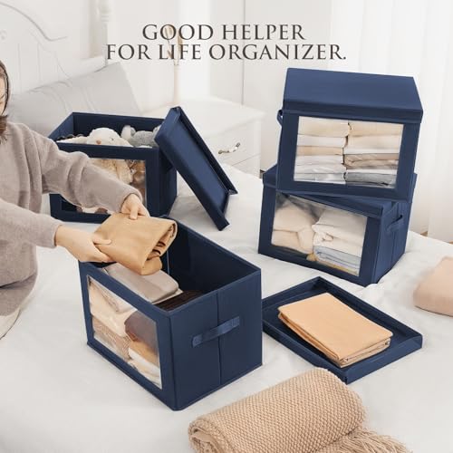 Image of Homsorout Stackable Storage Bins with Lids - Large Storage Box with Lids, Foldable Closet Boxes for Organizing, Wardrobe Clothes Organizer with Window, Cubes Bins for Living Room, 3 Pack, Navy Blue