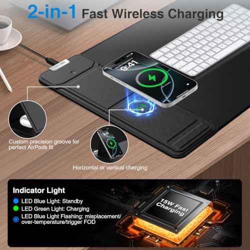 Image of Mouse Pad with Wireless Charging & Foldable Phone Holder | 27.5 inchx11.8 Desk Protector with Stitched Edges, Non-Slip Base, Laptop Desk Mat, Waterproof Writing Pad for Office & Home-Black