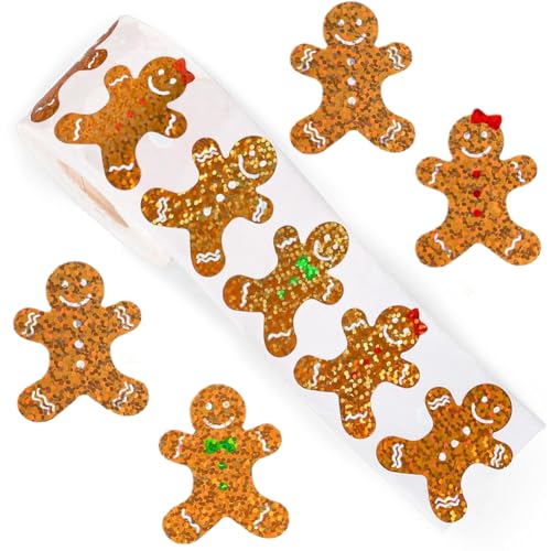 500Pcs Christmas Stickers for Kids Laser Gingerbread Man Sticker Roll 1.2in Holographic Xmas Winter Holiday Adhesive Label Stickers Decal for Xmas Envelopes Invitations Cards Gifts Decorations