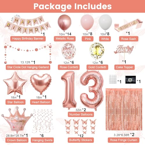 13th Birthday Decorations for Girls, Rose Gold 13 Birthday Party Decorations Include Heart Star Foil Confetti Balloons, Rose Gold Fringe Curtain, Hanging Swirls by Miidenks - Used condition - Image 2