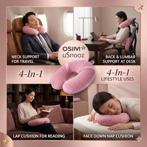 Image of Osim uSnooz Premium Memory Foam Travel Neck Pillow | Ergonomic U-Shape Cervical Support | Airplane, Car & Office Rest Cushion | Washable Soft Cover | Neck Pain Relief | Portable & Lightweight (Pink)
