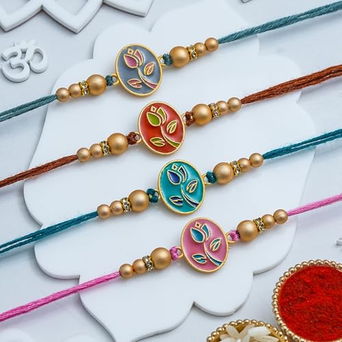 Image of eCraftIndia Beautiful Floral Designer Rakhi Set of 4 | Rakhi for Brother Bhaiya Bhai with Best Bro Ever Fridge Magnet | Roli Chawal Pack