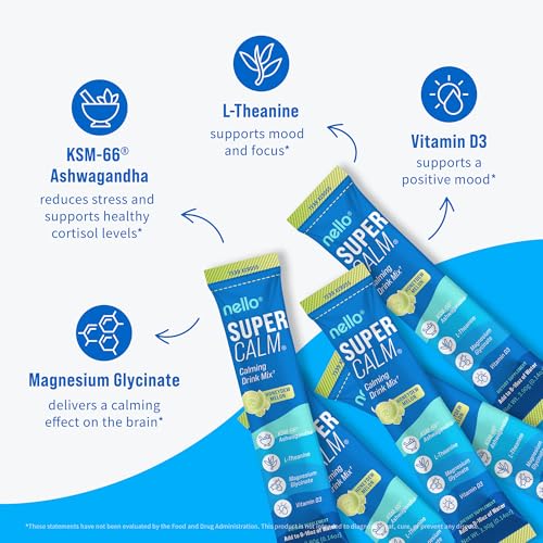 Image of Nello Supercalm Powdered Drink Mix, Cortisol Reducer and Sleep Aid Supplement, L Theanine, Ksm-66 Ashwagandha, Magnesium Glycinate, Vitamin D 3, No Sugar, Non GMO, On The Go, 20 Ct, Honeydew Melon