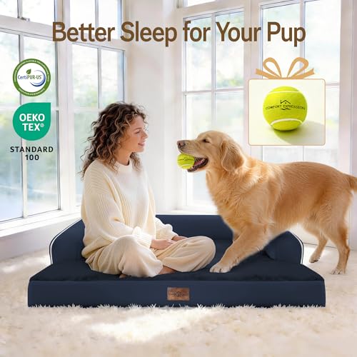 Image of Comfort Expression Washable Orthopedic Dog Bed for Extra Large Sized Dogs | Waterproof Memory Foam Pet Bed 45x35 Inch with Removable Cover with Non-Slip & Bolster, Navy Blue