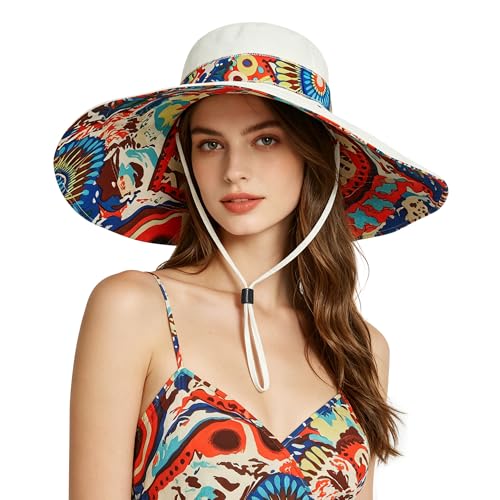 Ladies Foldable Floppy Sun Hats Flowers Lace Reversible Vacation Beach Bucket Hat Summer Wide Brim UPF 50+ UV Protection Fishing Hiking Cap Outdoor Travel Packable Sun Shade Visor Hat for Women Girls